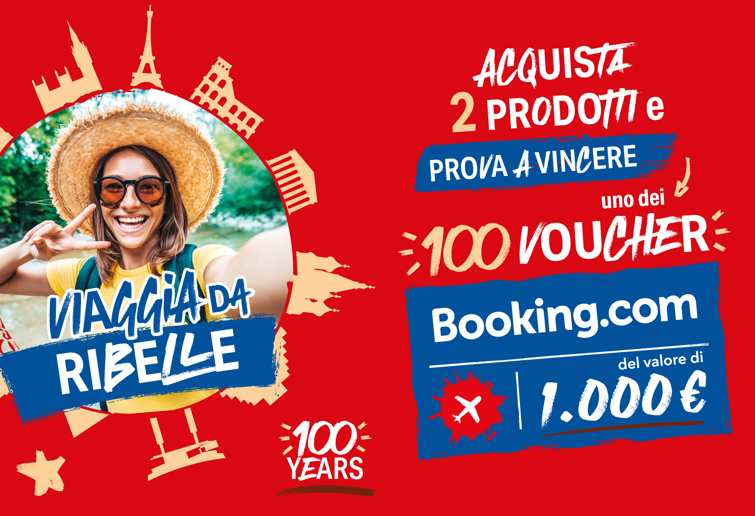 Immagine decorativa per desktop che spiega la meccanica di gioco: Con l'acquisto di 2 prodotti puoi vincere uno dei 100 voucher booking da 1000 euro