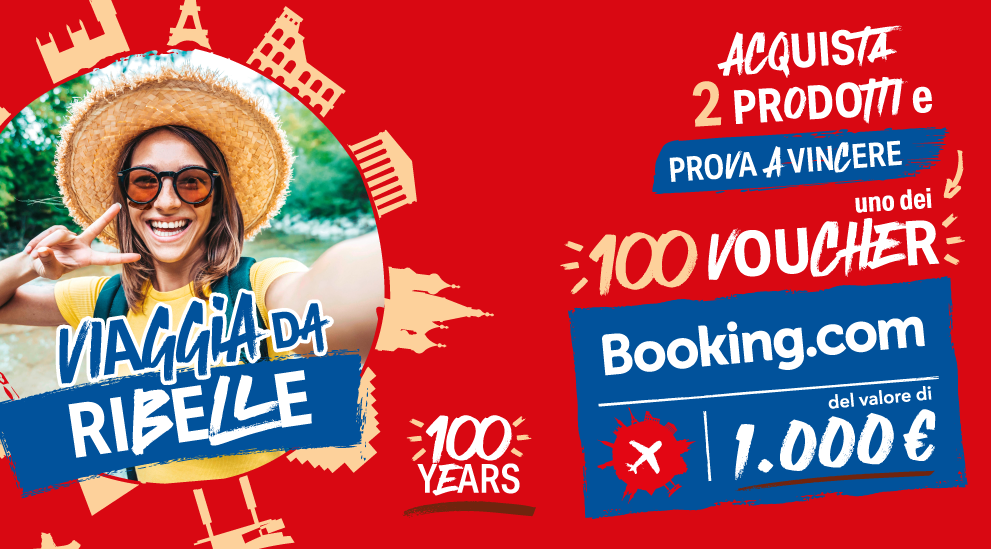 Immagine decorativa per desktop che spiega la meccanica di gioco: Con l'acquisto di 2 prodotti puoi vincere uno dei 100 voucher booking da 1000 euro